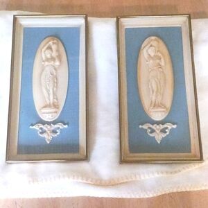 Vintage 60's Set of 2 Gold Framed Ancient Greek Figures on Tiffany Blue